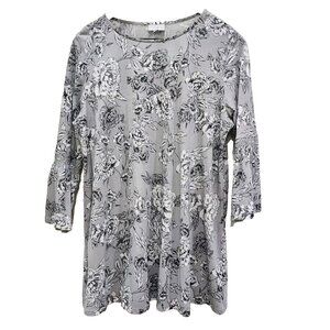 Pure J Jill Womens Large Gray Floral Tunic Top Bell Sleeve Shirt Cotton Blend‎
